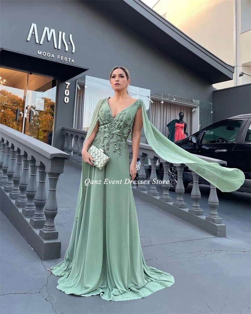 Qanz Arabic Green Dubai Evening Dresses Cape Sleeves Elegant Women Wedding Party Dresses Sukienki Na Studniówkę Customized