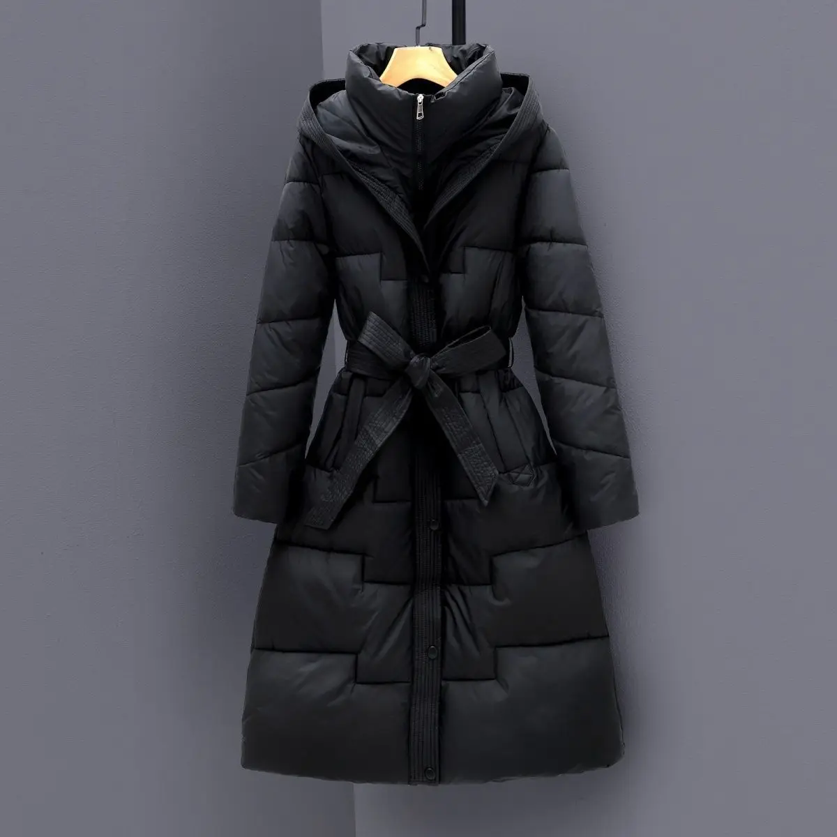 

2025 Women Long Down Cotton Coat Knee Length Hooded Parka Winter Warm Thickened Trench Jacket Waist Belt Slim Fit Outerwear