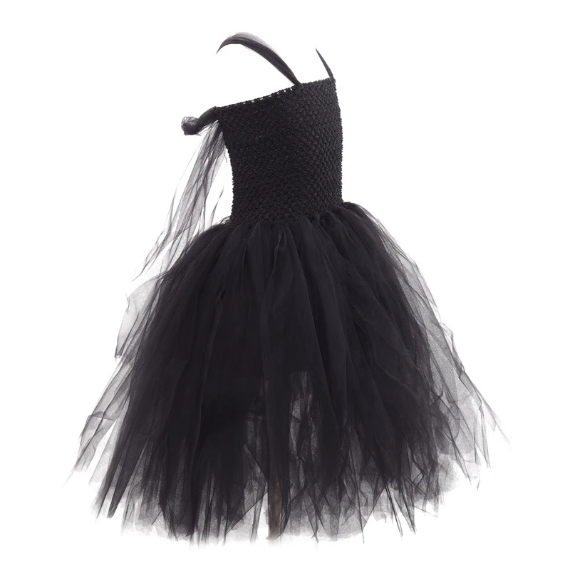 Mädchen Kostüm Dunkle Gefallene Engel-Königin, Spitzen-Tüllkleid, Horn-Stirnband, Federflügel, Zepter, Halloween-Karneval-Kinder-Cosplay-Outfit – Detail 3