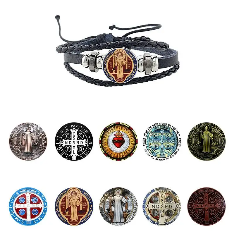 New St. Benedict of Nursia Patron Medal Bracelet Catholic Religious Jewelry Punk Rock Beaded Multilayer Leather Bracelet QCR01