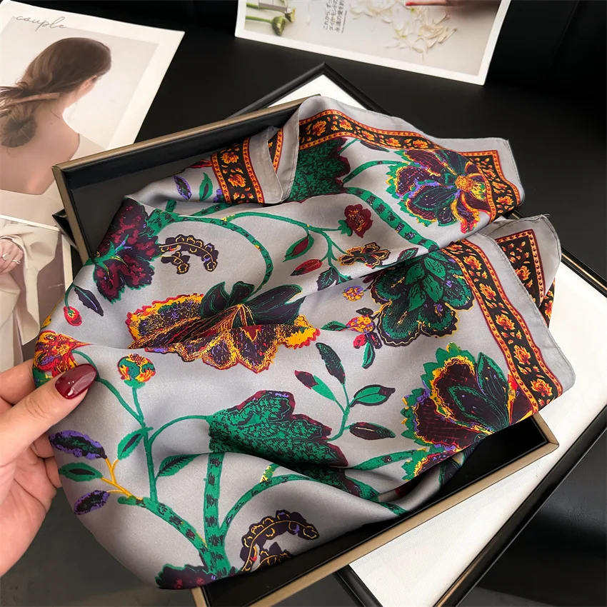 Women Silk Scarf Feeling Hair Neck Square Brand bandanna Muffler Waiter Flight Attendants Handkerchief Ring Sunscreen Print Wrap