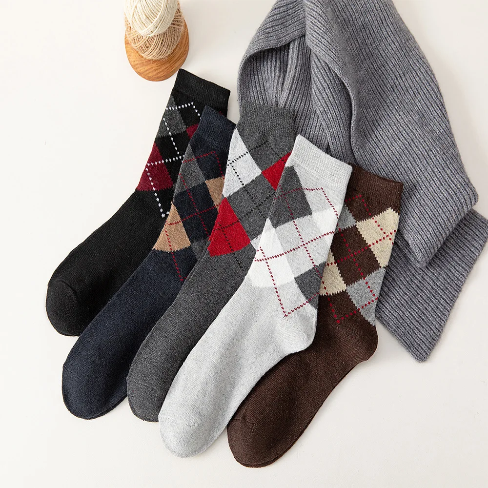 

5 Pairs 1 Lot Men's Socks Flat Dotted Line Plaid Thickened Casual Warm Autumn Winter Diamond Check Flat Wool Middle Tube Socks