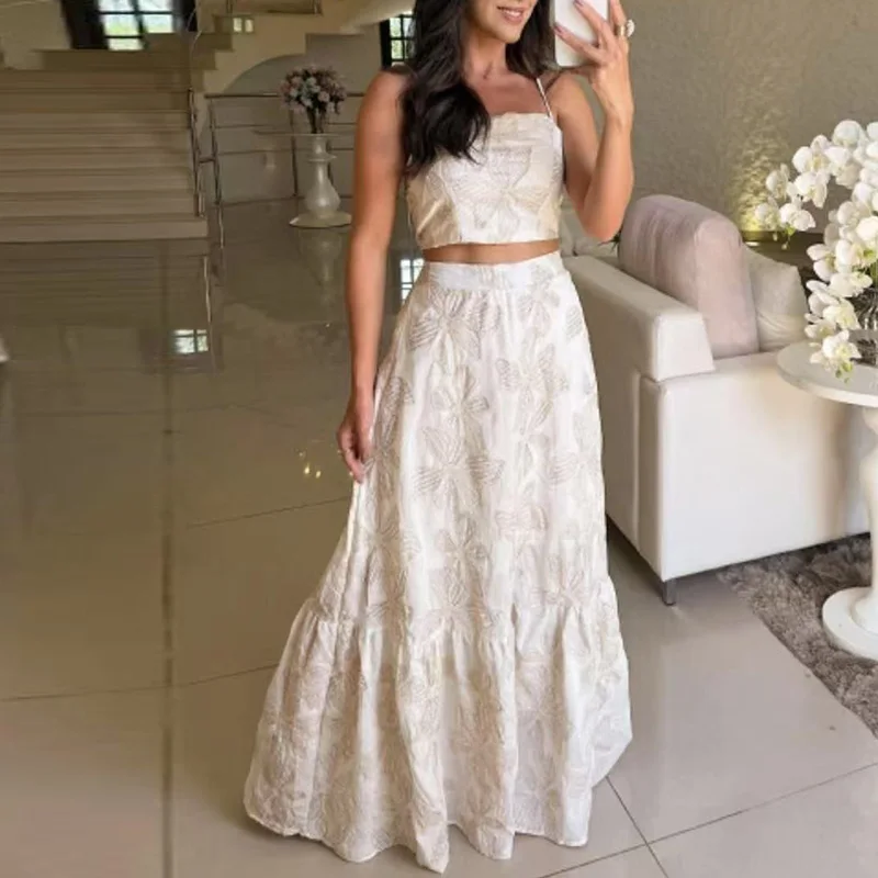 

2025 Female Suspender Blouse Matching Half Skirts Suit Spring Floral Print Two Piece Dresses Set Women High Waist Slim Outfit