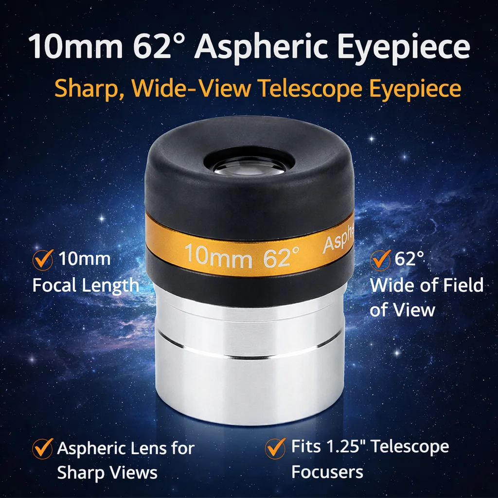 62 °   Weitwinkel-10-mm-Asphärenokular, 1,25-Zoll-HD-Teleskopobjektiv für die Beobachtung von Mond, Planeten und Sternbildern, für Celestron Skywatcher