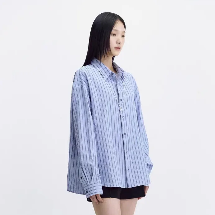 

Loose Long Sve Blue Striped irt Bubble Texture Casual Sle Women's Top Song Hui Inspired Lazy Faion Trend