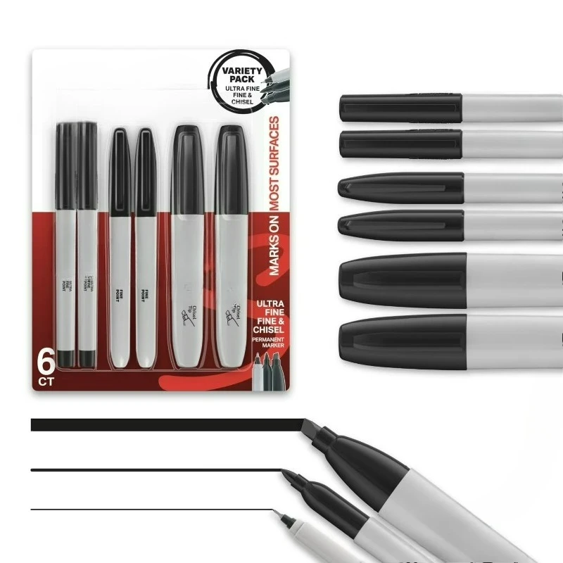 

Маркеры перманентные, набор с разными наконечниками (тонкий/ультратонкий/скошенный), черные, 6 штук