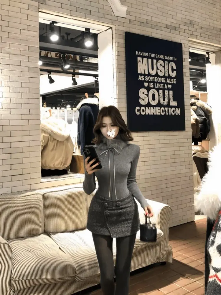 

Korean Sle Knitted Set Women's Slim Fit Sweater Base irt Beautiful Matching High Waist Skirt Faionable Spring Outfit