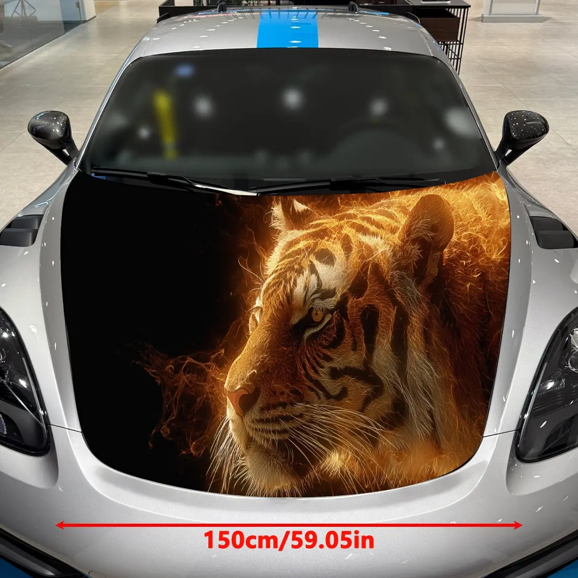 Car Decals A Tiger In Fiery Orange-Gold Hues Close - Up With Dynamic Flame Textures, Side Profile Posture And Intense Visual Dra