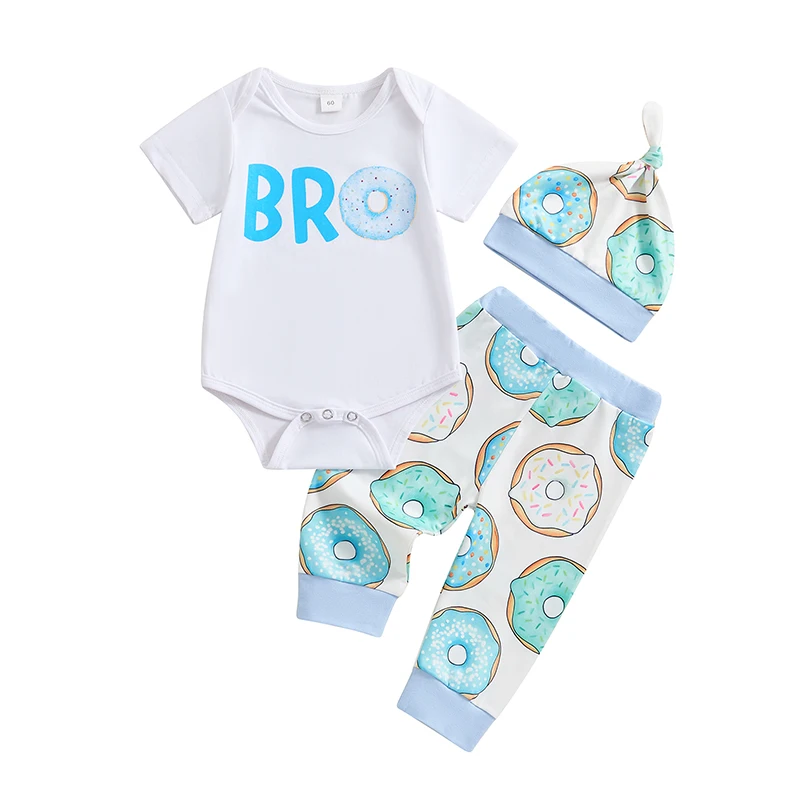 

Baby Boy Birthday Outfit Letter Print Short Sleeves Romper and Donut Print Pants Beanies Hat Set 3 Piece Clothes