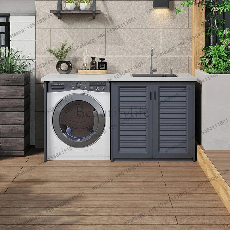 Balcony Washing Machine Cabinet Combination Outdoor Patio Waterproof Sunscreen with Washboard Washbasin Cabinet