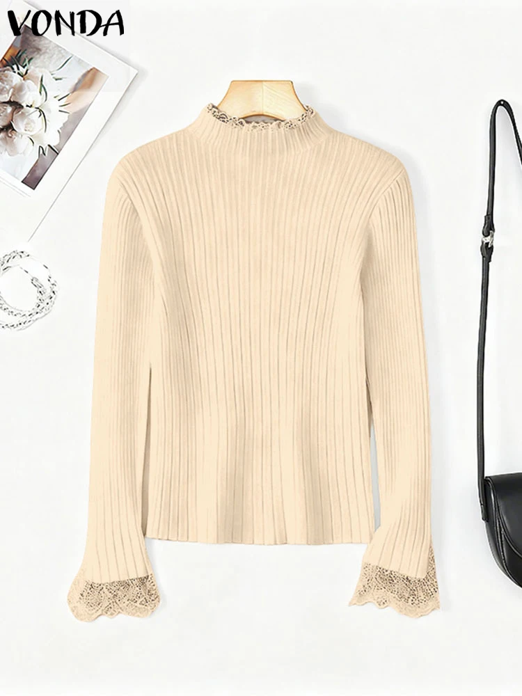 فوندا الدانتيل الياقة المدورة البلوزات النساء المرقعة محبوك البلوفرات 2025 الخريف طويلة الأكمام الحياكة الأساسية لاعبا ملابس خارجية غير رسمية