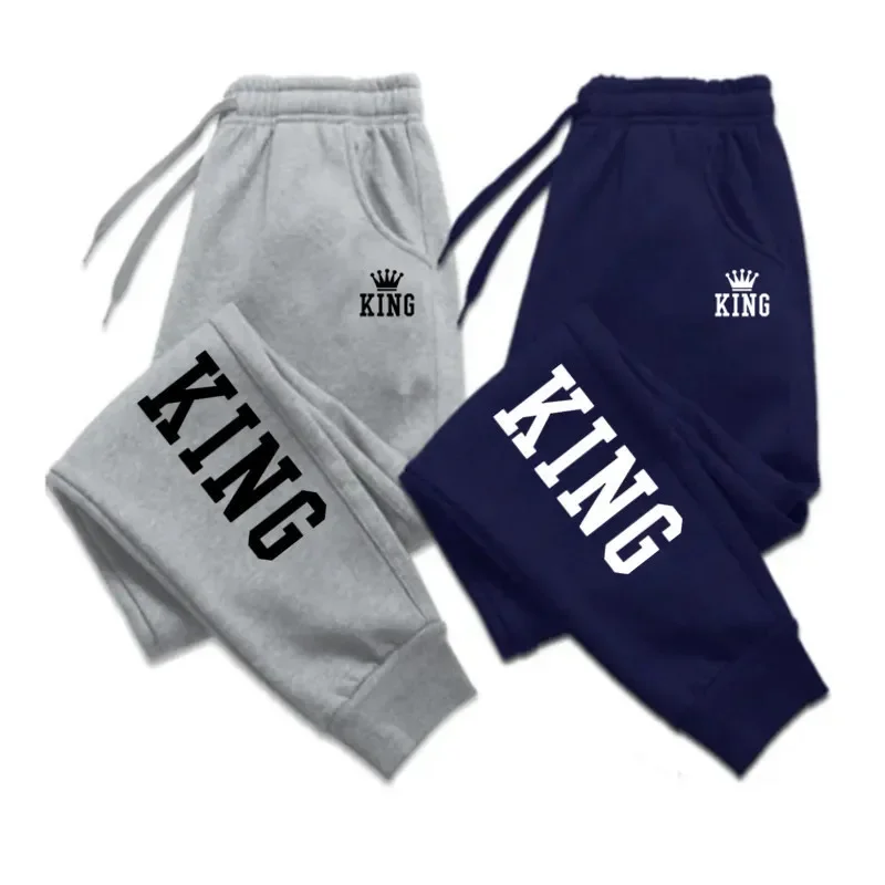 King Print Running Pants Mens Spring Autumn Drawstring Pants Street Style Sports Pants Fitness Solid Sweatpants