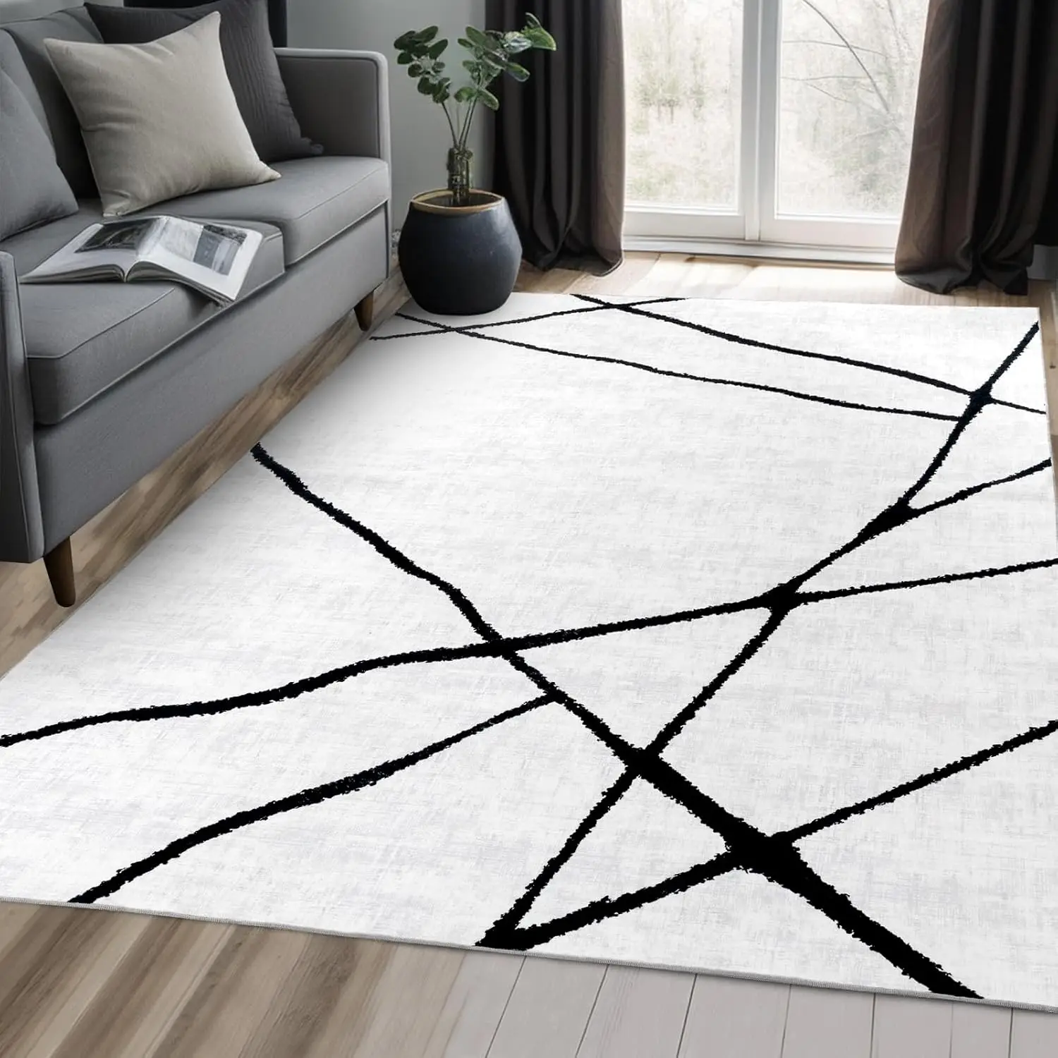 Modern Washable Area Rug for Living Room Bedroom - Large Abstract Black and White Rug Non-Slip Ultra-Thin Home Decor,Geometric