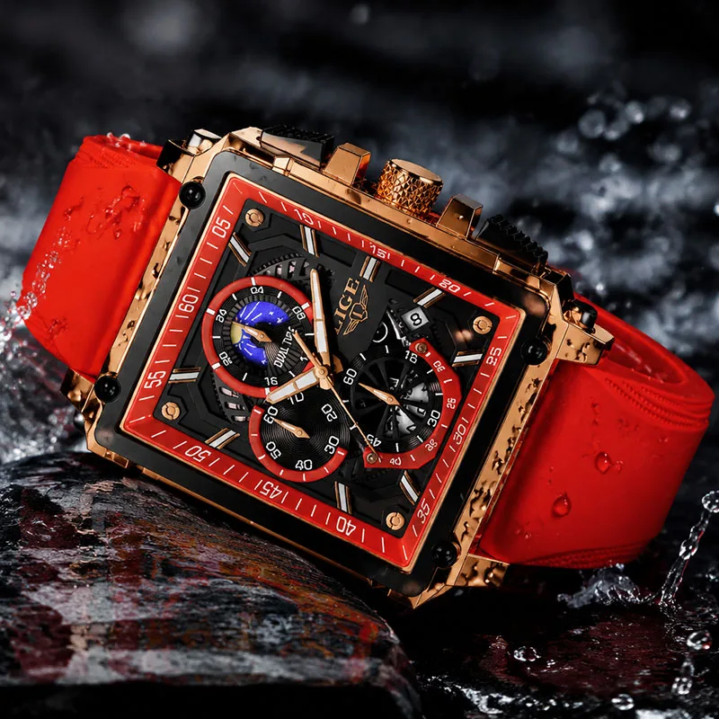 LIGE Top Brand Luxury Men's Sports Watch Red Silicone Chronograph Waterproof Quartz Wristwatch Fashion Business Casual Watch