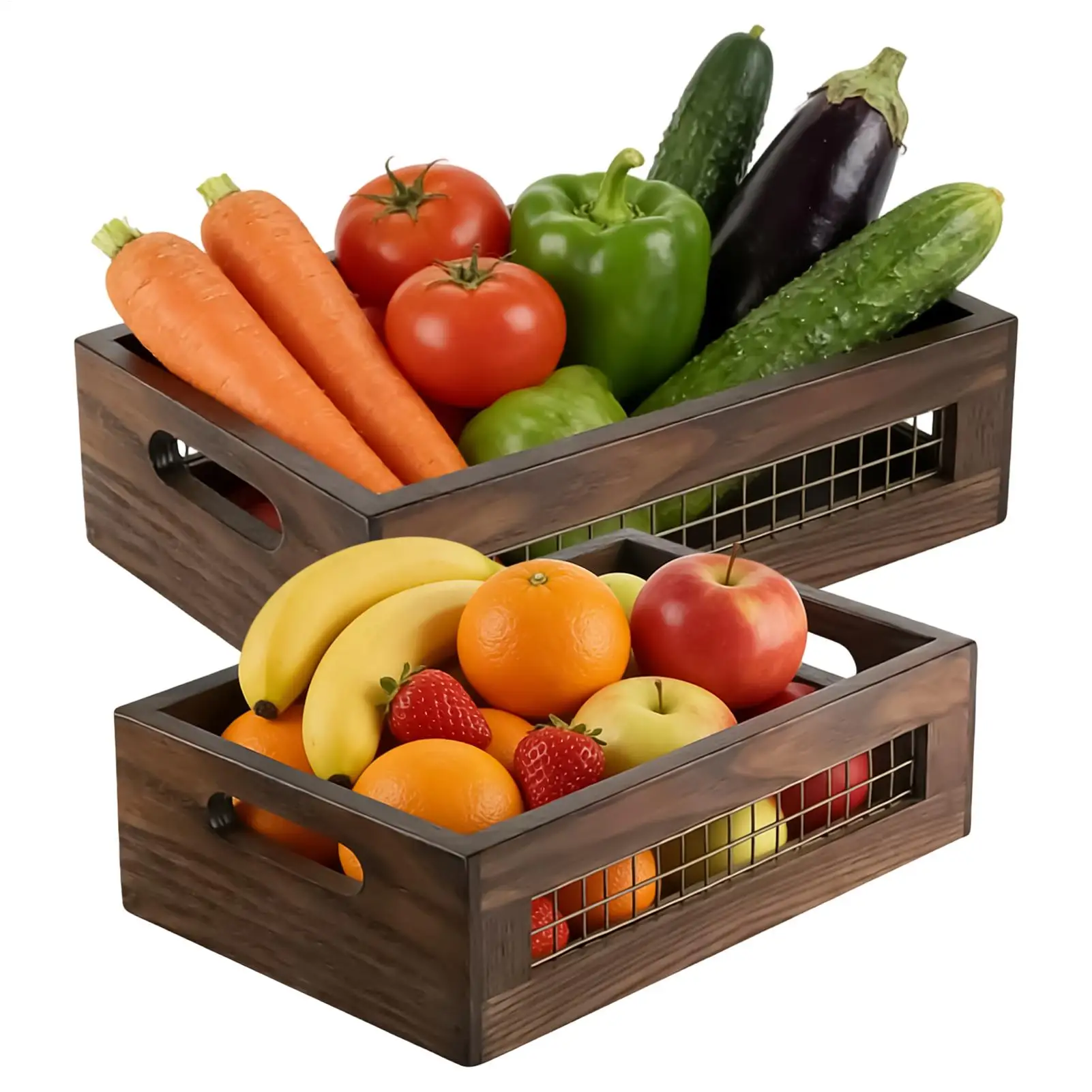 Obstkorb aus Holz, 2-teilige Arbeitsplattenbox, rustikale Arbeitsplattenkörbe aus Holz für Brot, Obst und Gemüse, für die Küche, Speisekammer