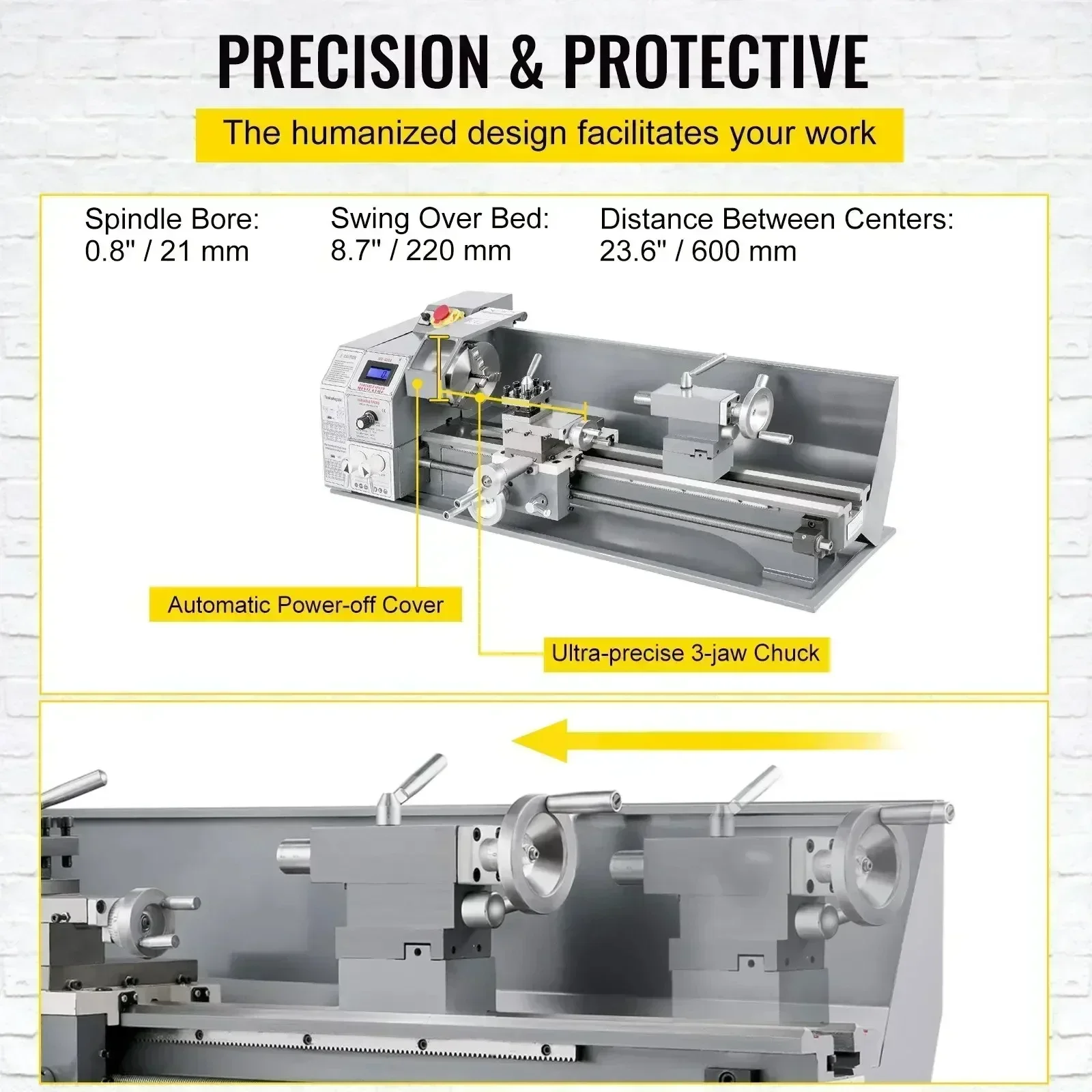 SIHAO High‑Precision Benchtop Metal Lathe 220x600mm, Variable‑Speed Mechanical Lathe with 3‑Jaw Self‑Centering Chuck, Multi‑use Machining Device for Drilling‑Threading Tasks