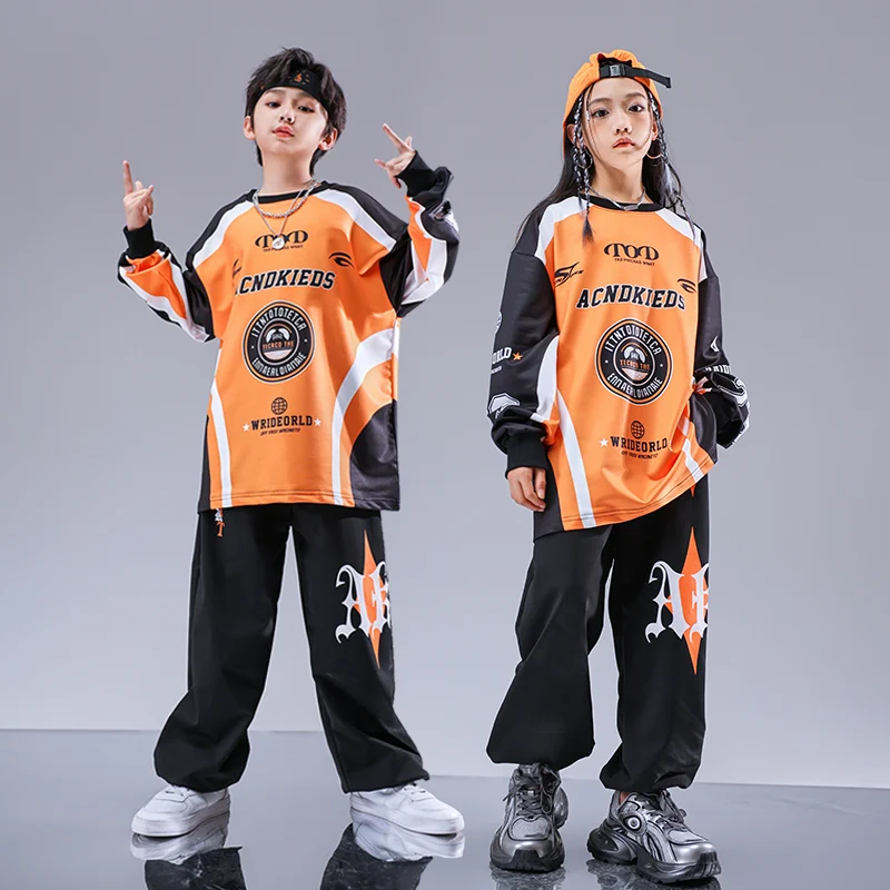 Kids Kpop Hip Hop Clothing Orange Print Sweatshirt Black Casual Cargo Pants Streetwear for Girl Boy Jazz Dance Costume Clothes