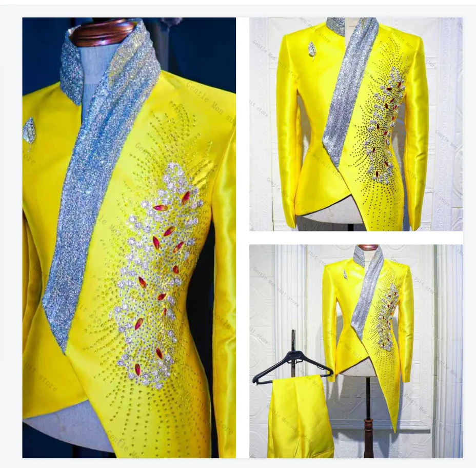 

Yellow Men Suit Set 2 Pcs Blazer+Pants Trousers Luxury Crystals Wedding Tuxedos Formal Office Jacket Prom Coat Customized