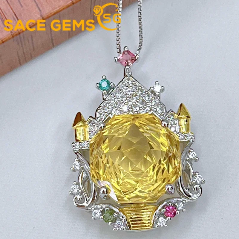 

SACE GEMS New Trend 925 Sterling Silver Raw 14MM Natual Topaz Pendant Necklace for Women Engagement Cocktail Party Fine Jewelr