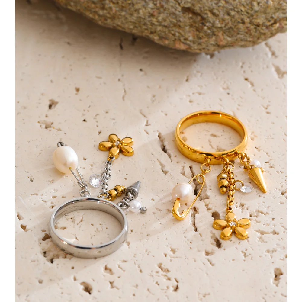 Handmade Stainless Steel Pearl Flower Tassel Ring