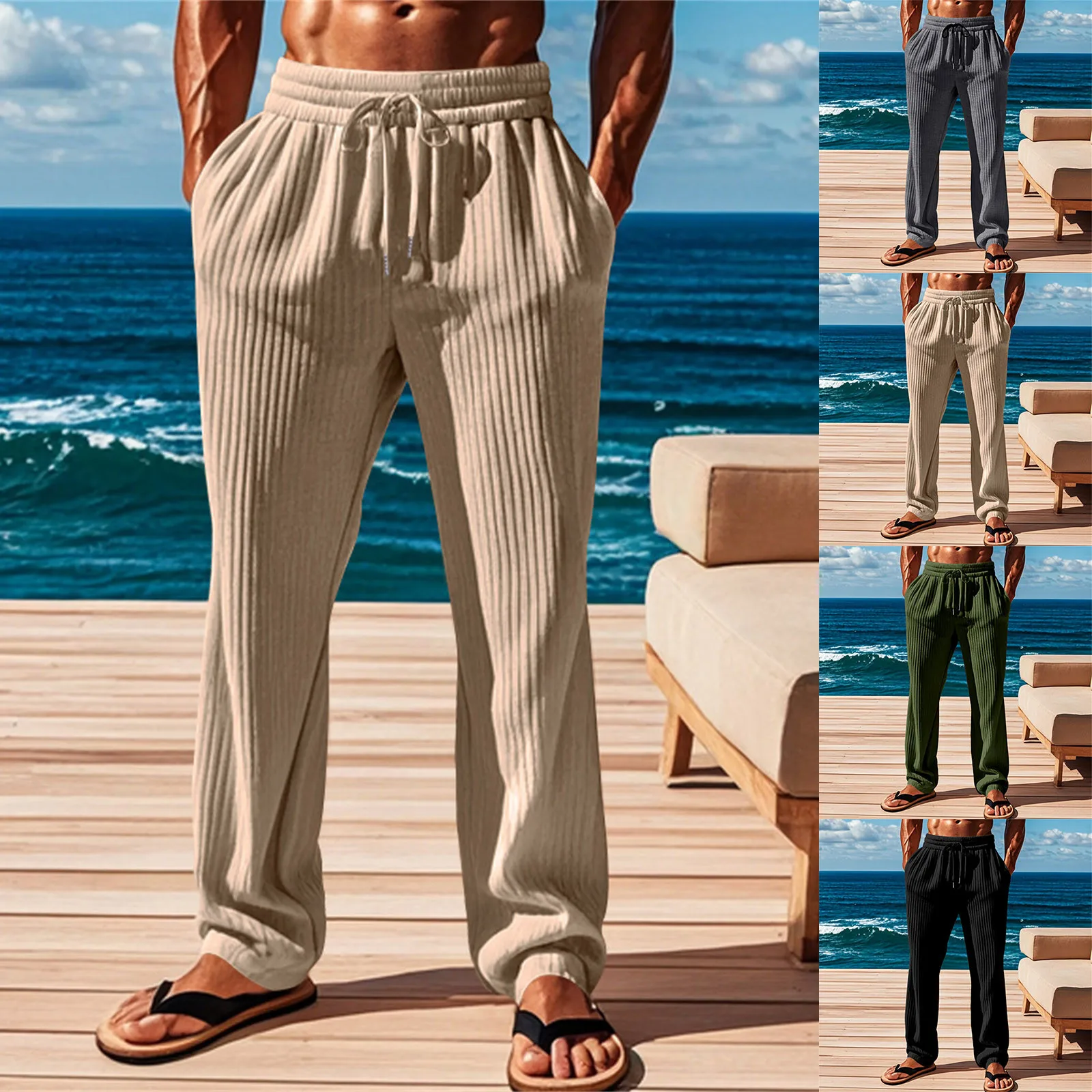 Men'S Solid Color Vertical Striped Slacks High Waist Drawstring Double Pockets Loose Wide Leg Pants Men's Straight Leg Pants