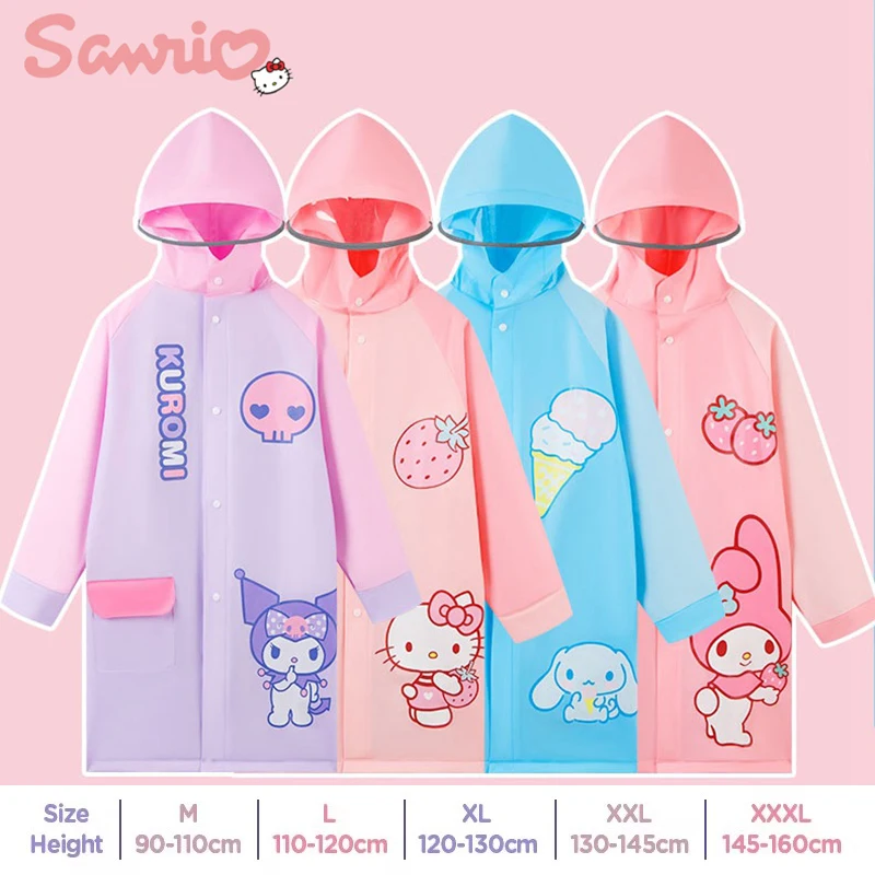 Sanrio Children Raincoat Amine Kuromi Hello Kitty My Melody Outdoor Walking Cycling Kids Poncho Hooded Jacket Girl Boy Rain Coat