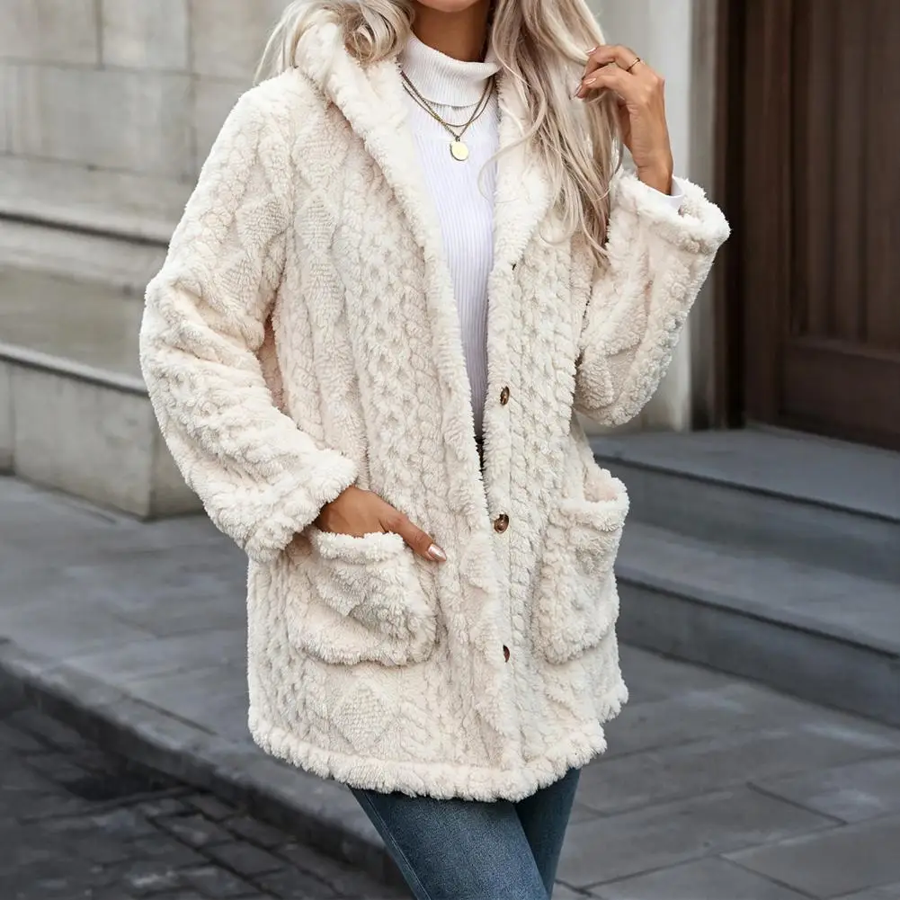 Women Fleece Jacket with Pockets,Soft Warm Hooded Coat for Fall Winter, Oversized Casual Button Front Cardigan Outerwear