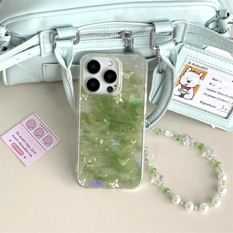 

For iPhone16promax 15pro 14 13 ins style green smudge butterfly phone case luxury double protective cover with lanyard summer