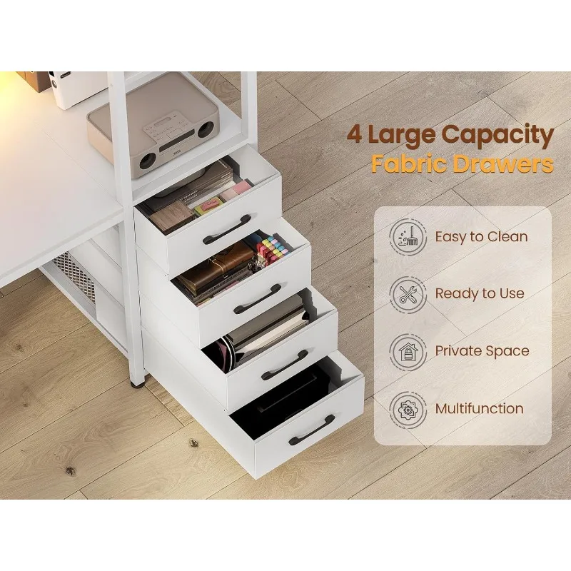 Mesa de computador SEDETA 55" com 4 gavetas e prateleiras, mesa de jogos com luzes LED e tomadas elétricas, mesa de escritório doméstico