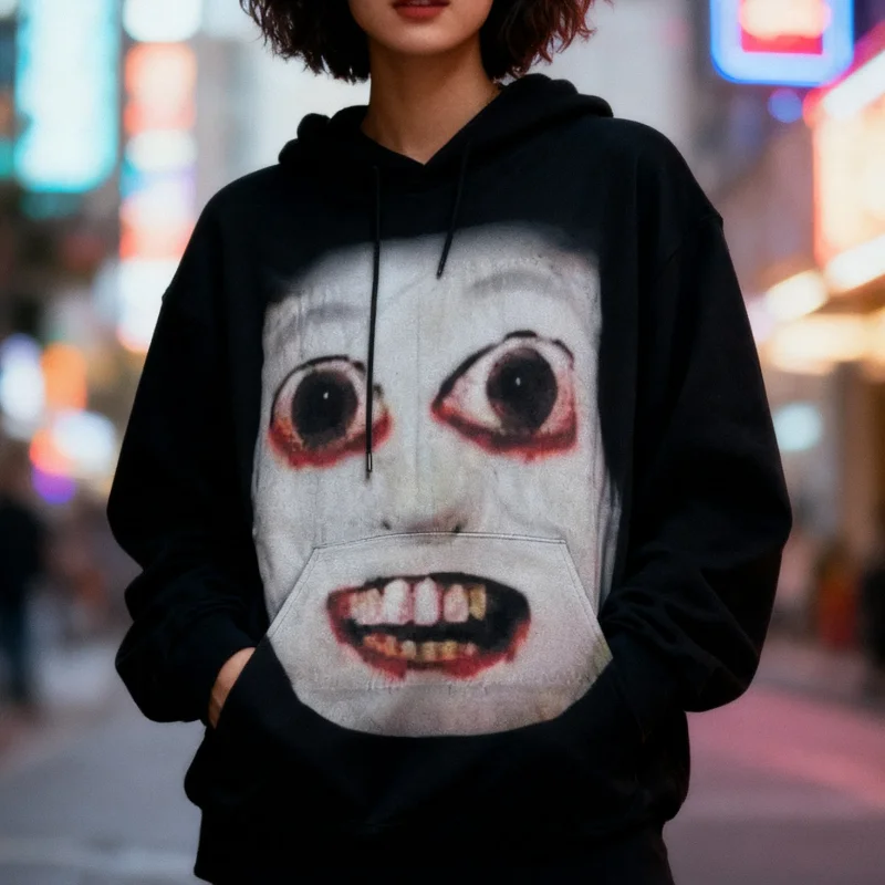 الخريف الشتاء اليابانية مضحك هالوين القوطية طويلة الأكمام البلوز 2000s الكتابة على الجدران كشر طباعة الاتجاه الشرير شارع العليا هوديس #1