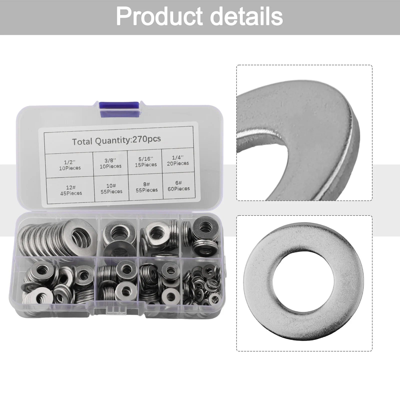 270pcs 8 Sizes 304 Stainless Steel Flat Washers Assortment Kit 1/2in 3/8in 5/16in 1/4in 12# 10# 8# 6# Suitable For Home Decor