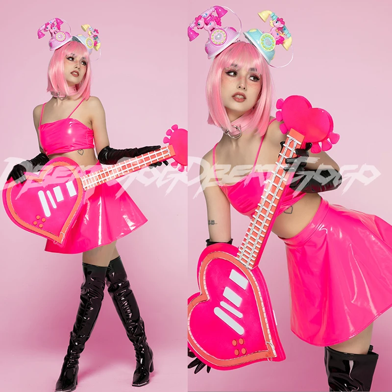 

Gogo Costume Festival Party Outfit Pink leather Top Skirts Women Pole Dance Clothing Nightclub Bar DJ DS Stage Rave Wear XS6312