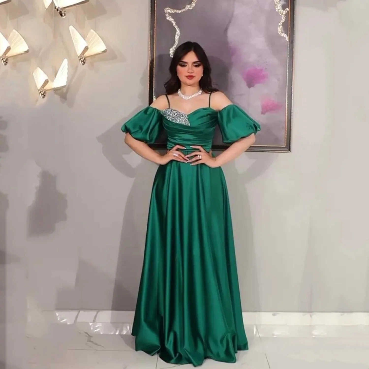 

Green Beaded Long Bespoke Occasion Gown Evening Dresses Pastrol Unisex Jersey Retro Dubai Saudi Arabic Israel Prom Customized