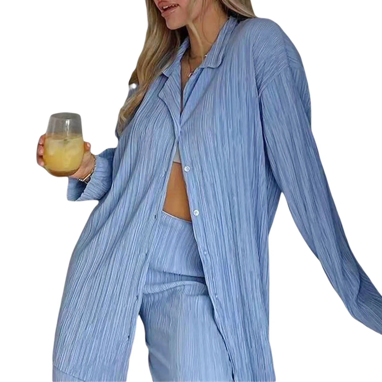 Clothing For Women Fashion 2 Piece Outfits Long Sleeve Broadcloth White Pink Blue Suit And Casaul Pants Sets