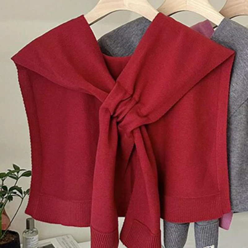 Solid Color Neck Guard Scarve Woman\'s Knitted Warm Shawl Winter Wool Blouse Shoulders Fake Collar Cape Knotted Scarf