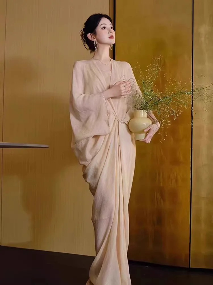 

New Chinese Style Women's Morning Robe Set Cold Sensation Hanfu Satin Long Dress Wabi Sabi Zen Loose Fit Healing Dress