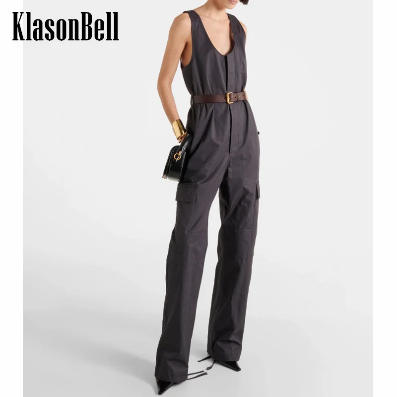 

7.6 KlasonBell Women Temperament Cargo Style U-Neck Sleeveless Playsuit 2024 Summer New Side Big Pocket With Belt Jumpsuit