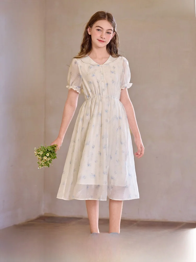 robe-mi-longue-d'ete-pour-filles-style-coreen-a-fleurs-en-tissu-fin-taille-mi-haute-manches-courtes-respirante-en-melange-de-polyester-doux