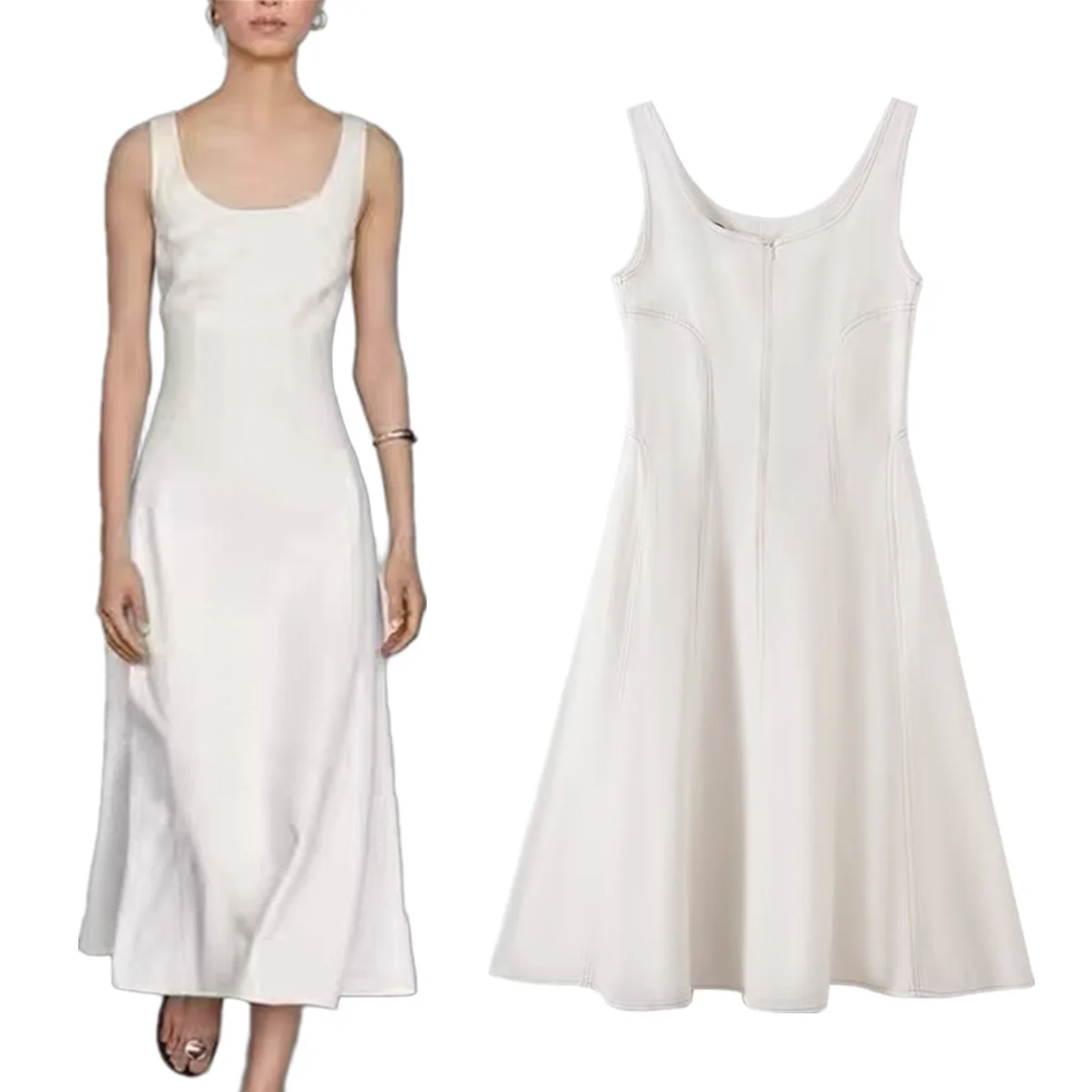 

Maxdutti Minimalist Fashion Elegant White Sleeveless Dress French Office Ladies Elegant Splicing Slim Dress Party Dresses Women