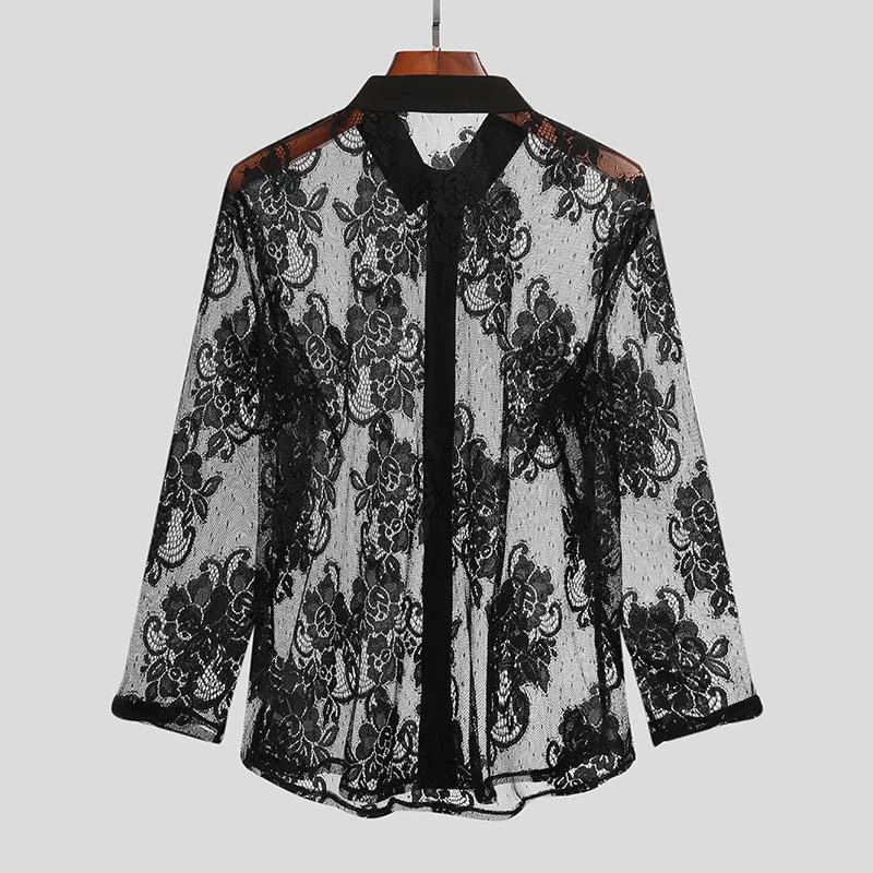 2024 Fall Sexy Transparent Lace Shirts Mens Vintage Turn-down Collar Florals Embroidery Tops For Men Casual Buttoned Mesh Shirt