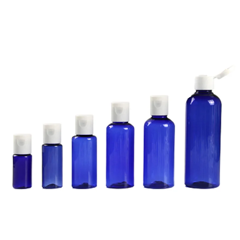 50Pcs Empty Plastic Clear Blue Bottle 10ml 20ml 30ml 50ml 60ml 100ml White Clamshell Lid Portable Refillable Cosmetic Container