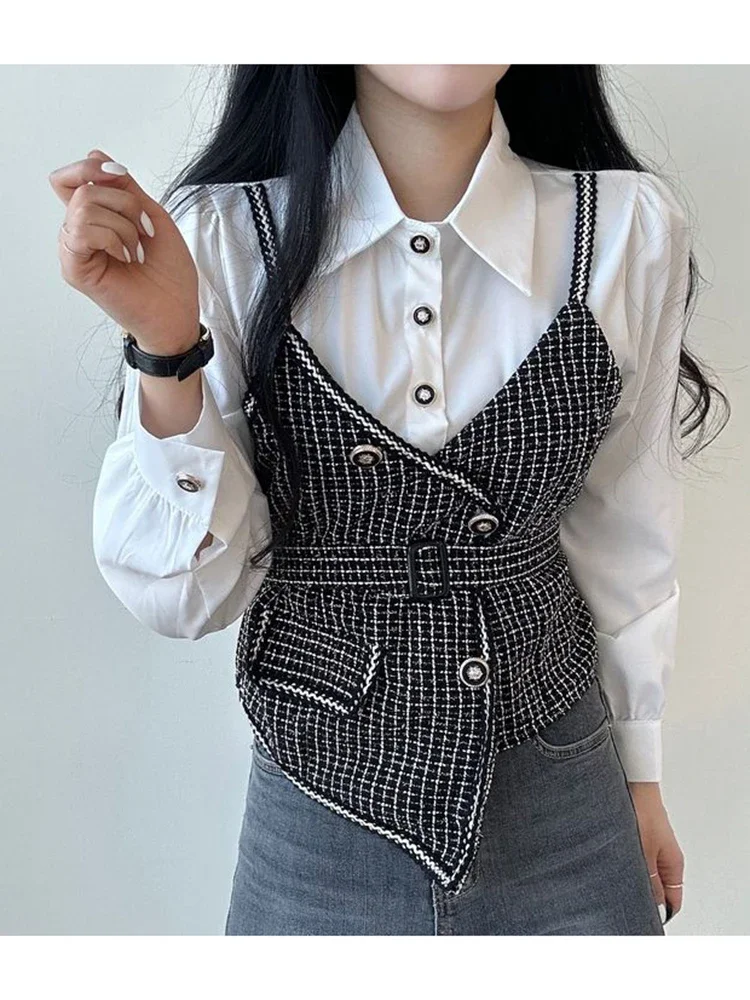 Women Spring Shirt Korean Minority Retro Lapel Splicing Fake Two-piece Lace-up Waist Contrast Long-sleeved Shirt Top D3172