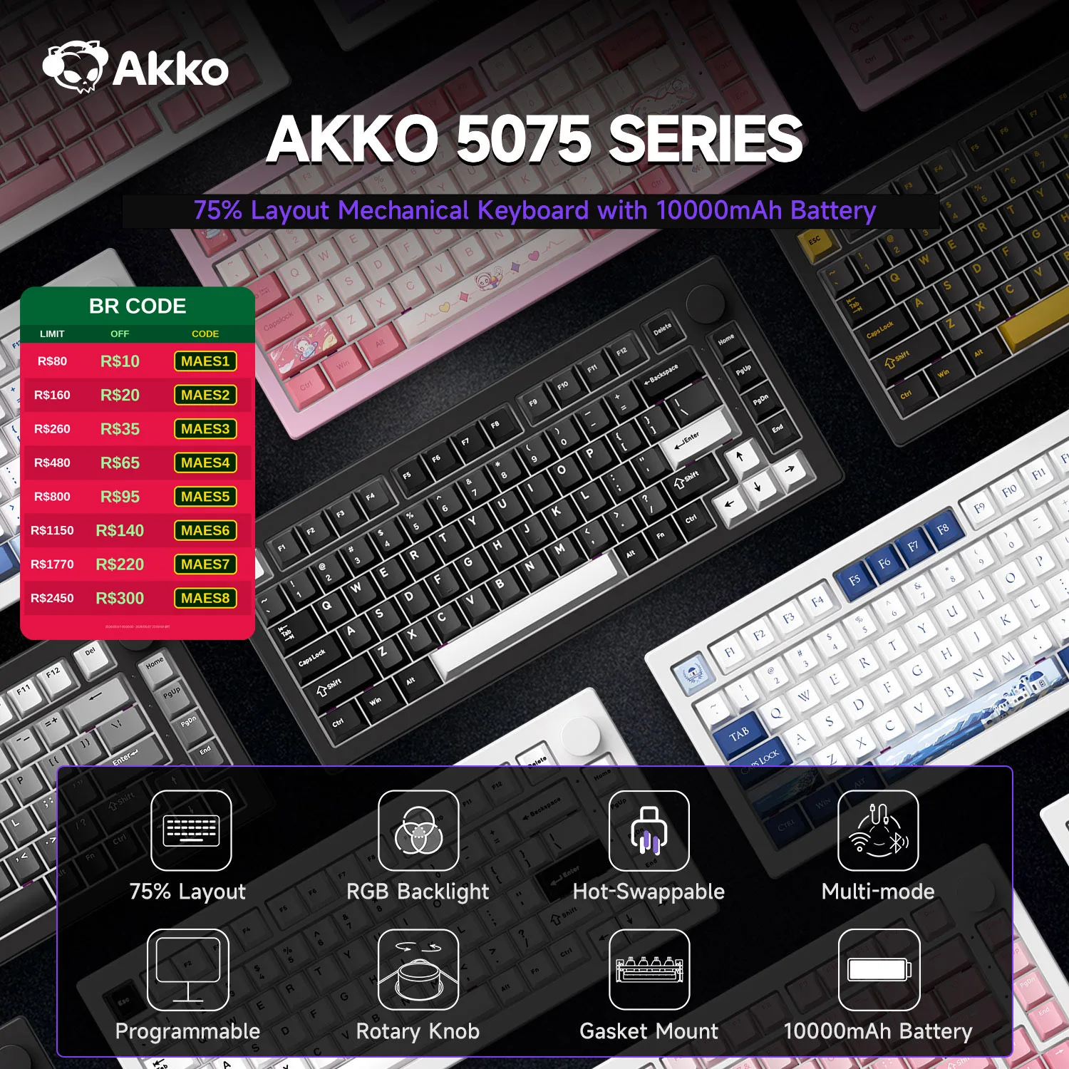 Akko 5075 V3 75% clavier mécanique 8000/10000mAh 2.4GHz sans fil/filaire type-c/BT 5.0 joint rvb d'échange à chaud pour la saisie de jeux