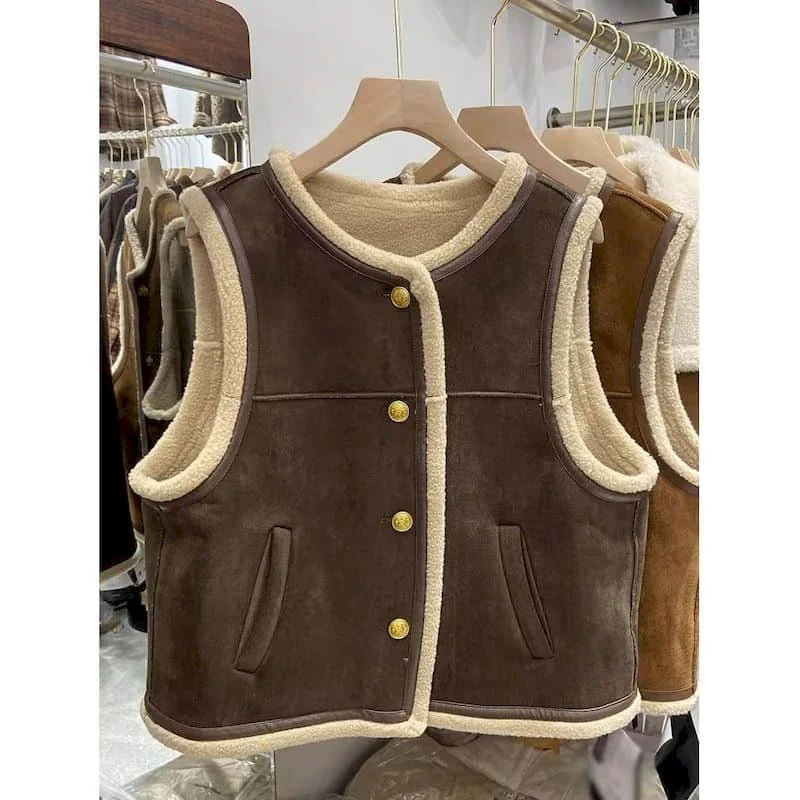 Fleece Waistcoats for Women Plush Vests O-neck Casual Sleeveless Cardigans Oversized Winter Lambhair Jackets Loose Women Tops