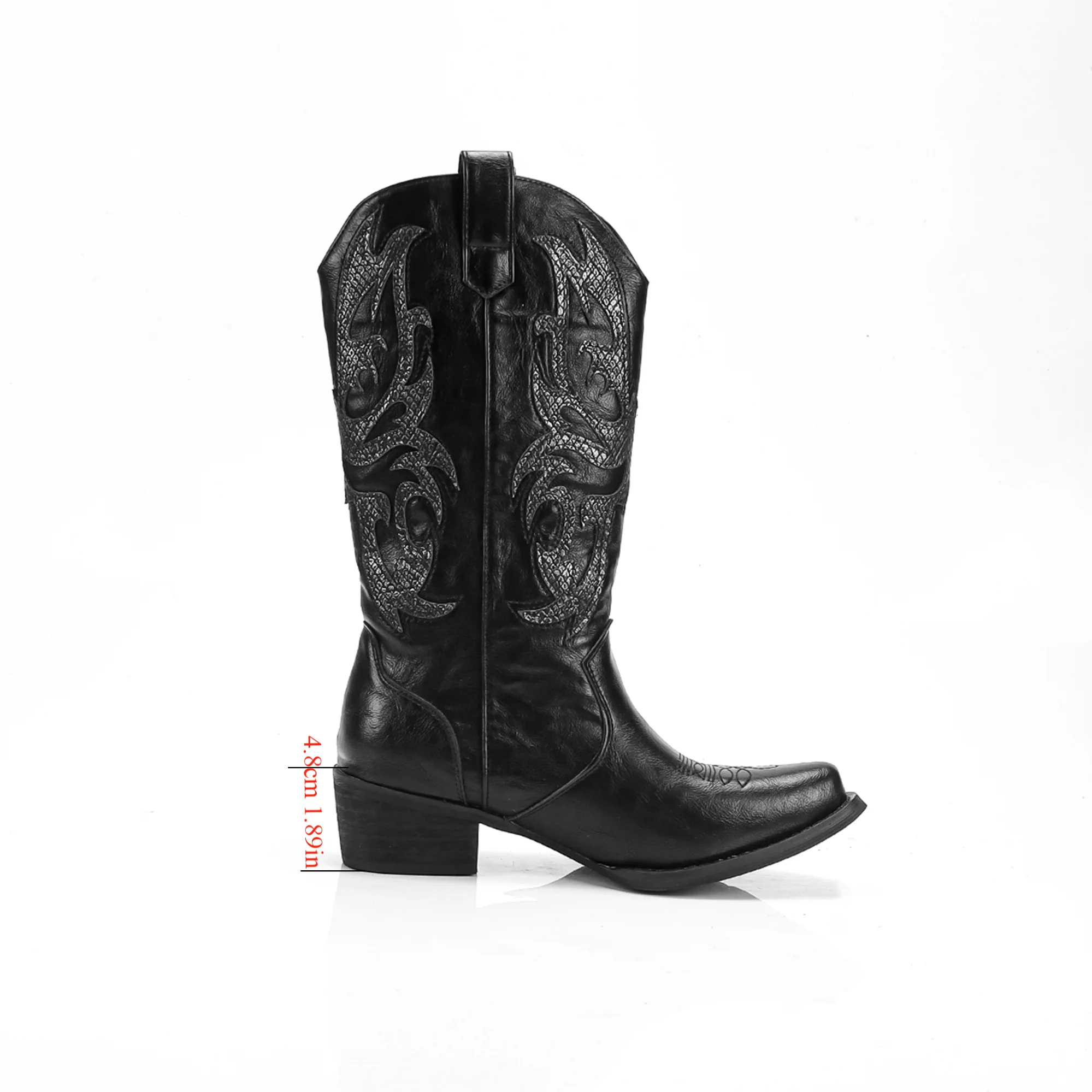 スケール ウエスタン ブーツ 刺繍 ウエスタン カウボーイ ブーツ スクエアトゥ 太いヒール ミッドカーフ ノーニー ナイト ブーツ