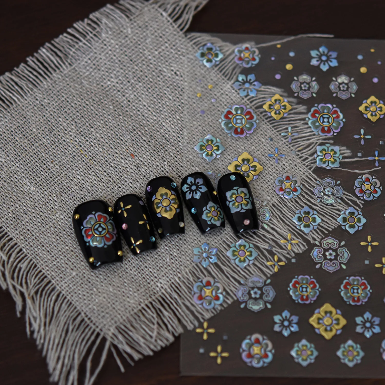 New Chinese Retro Flower Mother of Pearl Iridescent 5D Self Adhesive Nail Decals Metal Flower Cluster Floral Nail Art Stickers
