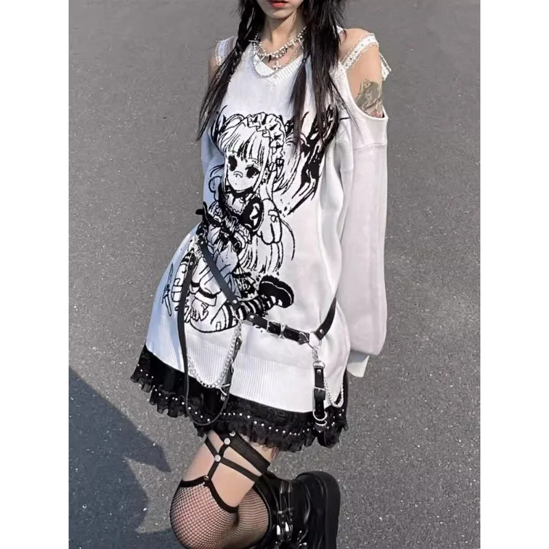 Subcultuur Y2k Lente 2024 Herfst Shirt Losse Uit De Schouder Punk V-hals Lange Tops Vrouw Zwart Wit Harajuku Shirts