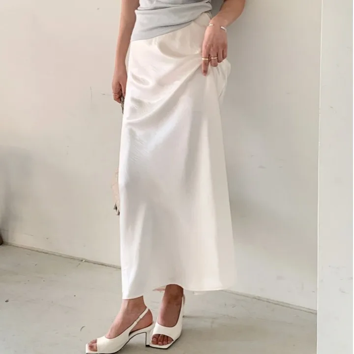 

Chic Summer Glossy Satin High Waist Drapey Casual Slimming A-Line Wrap Body Skirt Korean Style Breathable Skin-Friendly Polye...