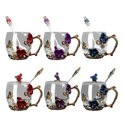 Convenient Glass Enamel Cup Gift Set Butterflies Enameled Glass Mugs Flowers Adorned Glass Water Cup with Spoon Dropshipping