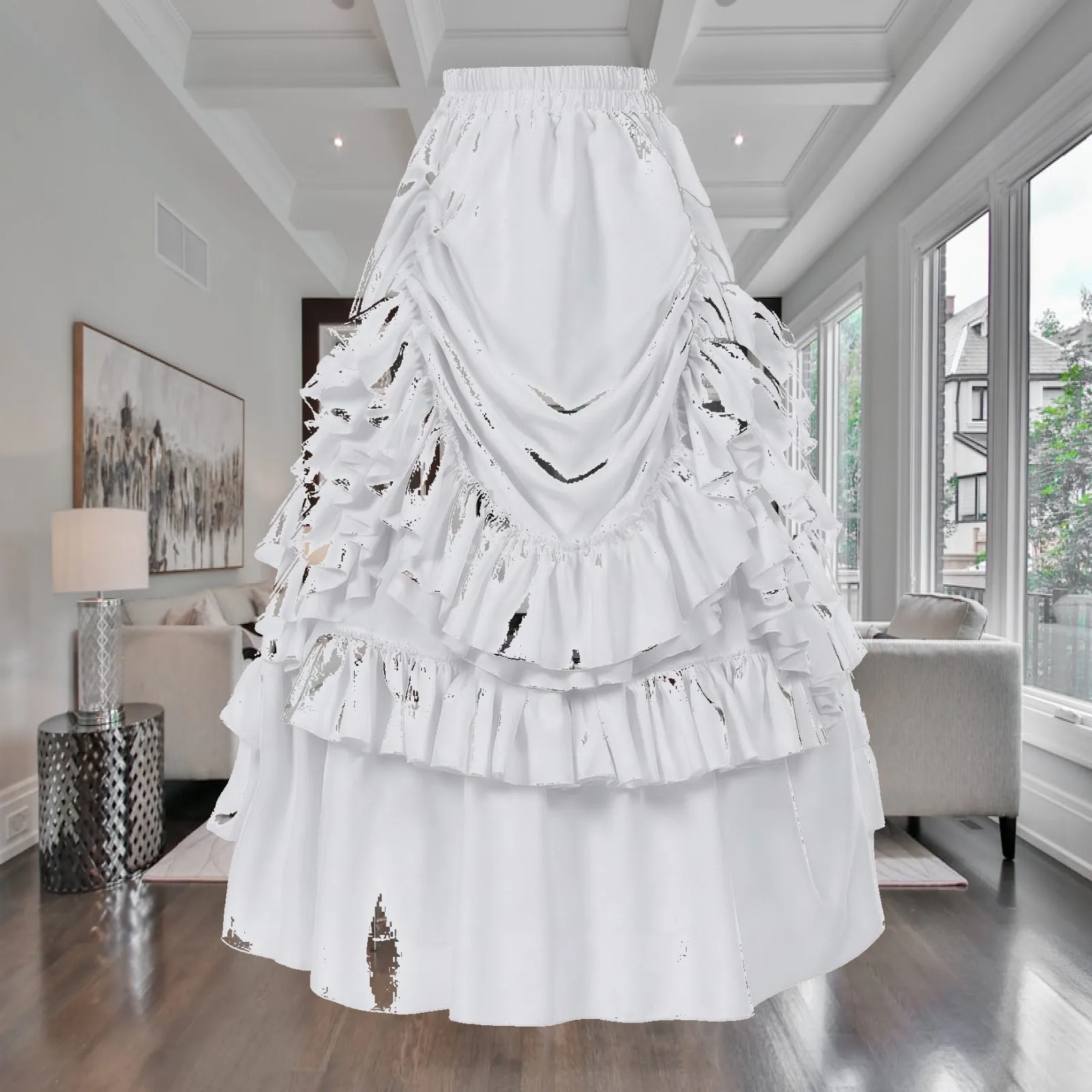 Women Vintage Asymmetric Ruffle Skirt Retro Layered Long Hem Polyester Flared Dance Wear Casual for Themed Party